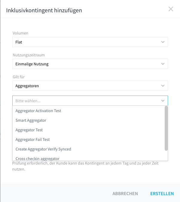 Dialog Inklusivkontingent hinzufügen für eine Leistung mit Gilt für Aggregatoren