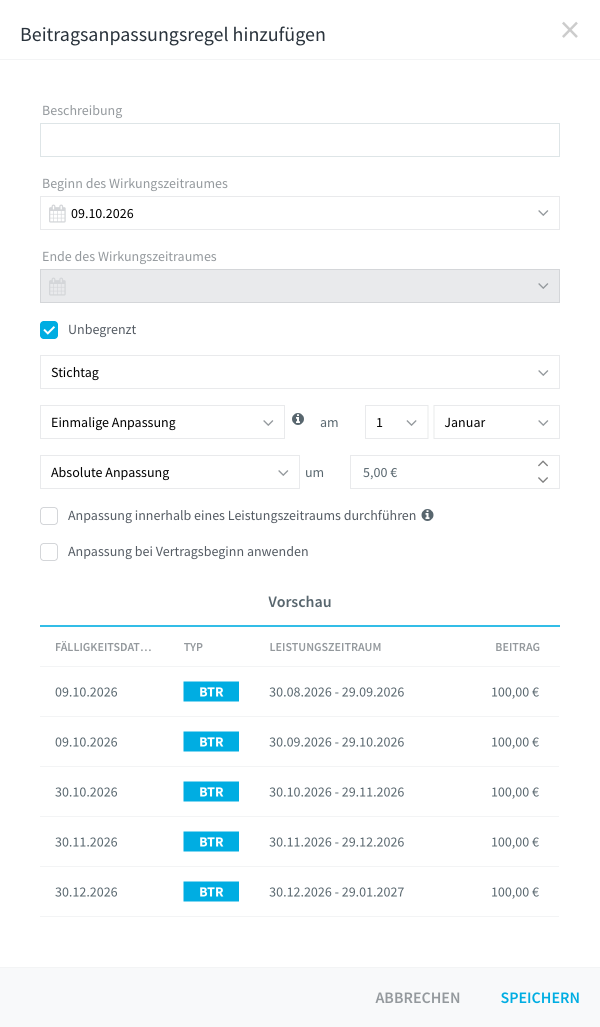 Dialog Beitragsanpassungsregel hinzufügen mit der Vorschau
