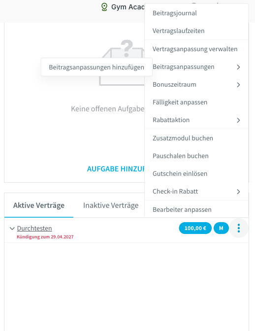 Kontextmenü eines Vertrags mit dem Untermenü Beitragsanpassungen