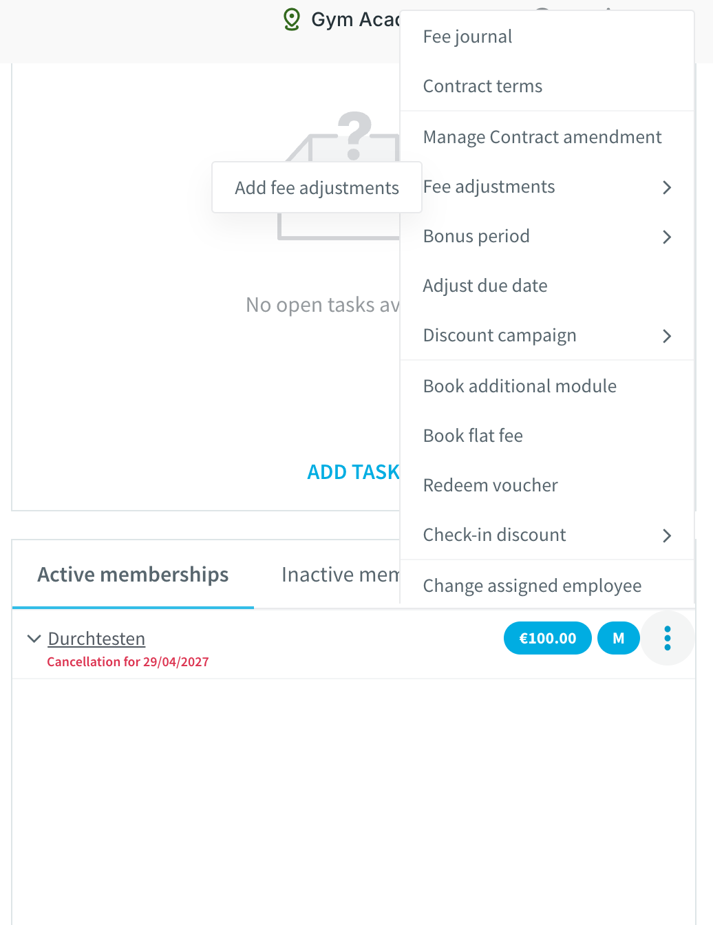Contextmenu van een contract met het submenu Tariefwijzigingen