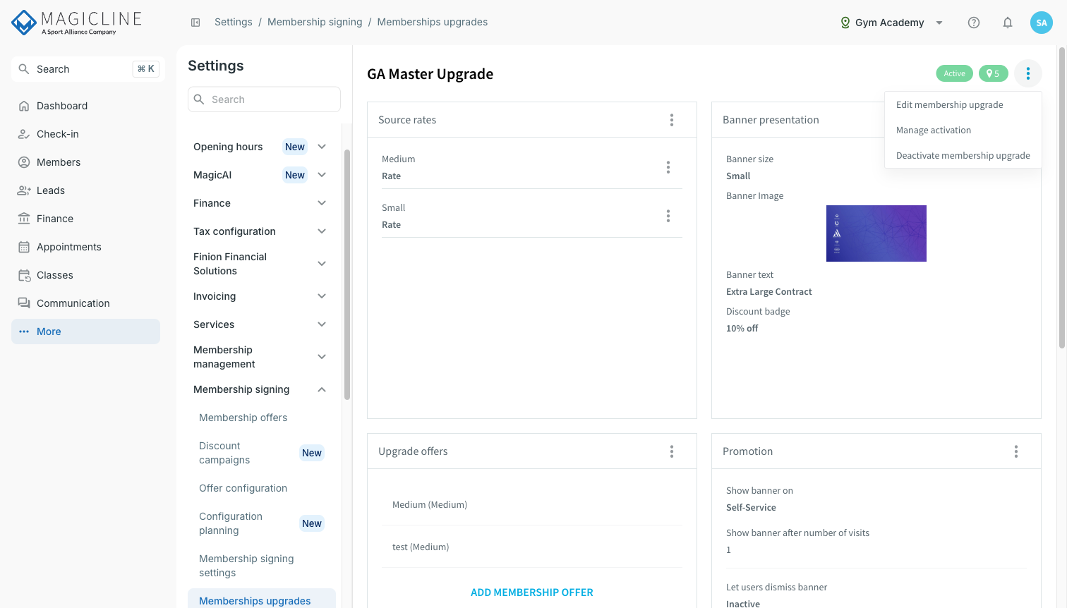 Menu a tre punti della vista di dettaglio con le opzioni per modificare, gestire l'attivazione e disattivare l'upgrade