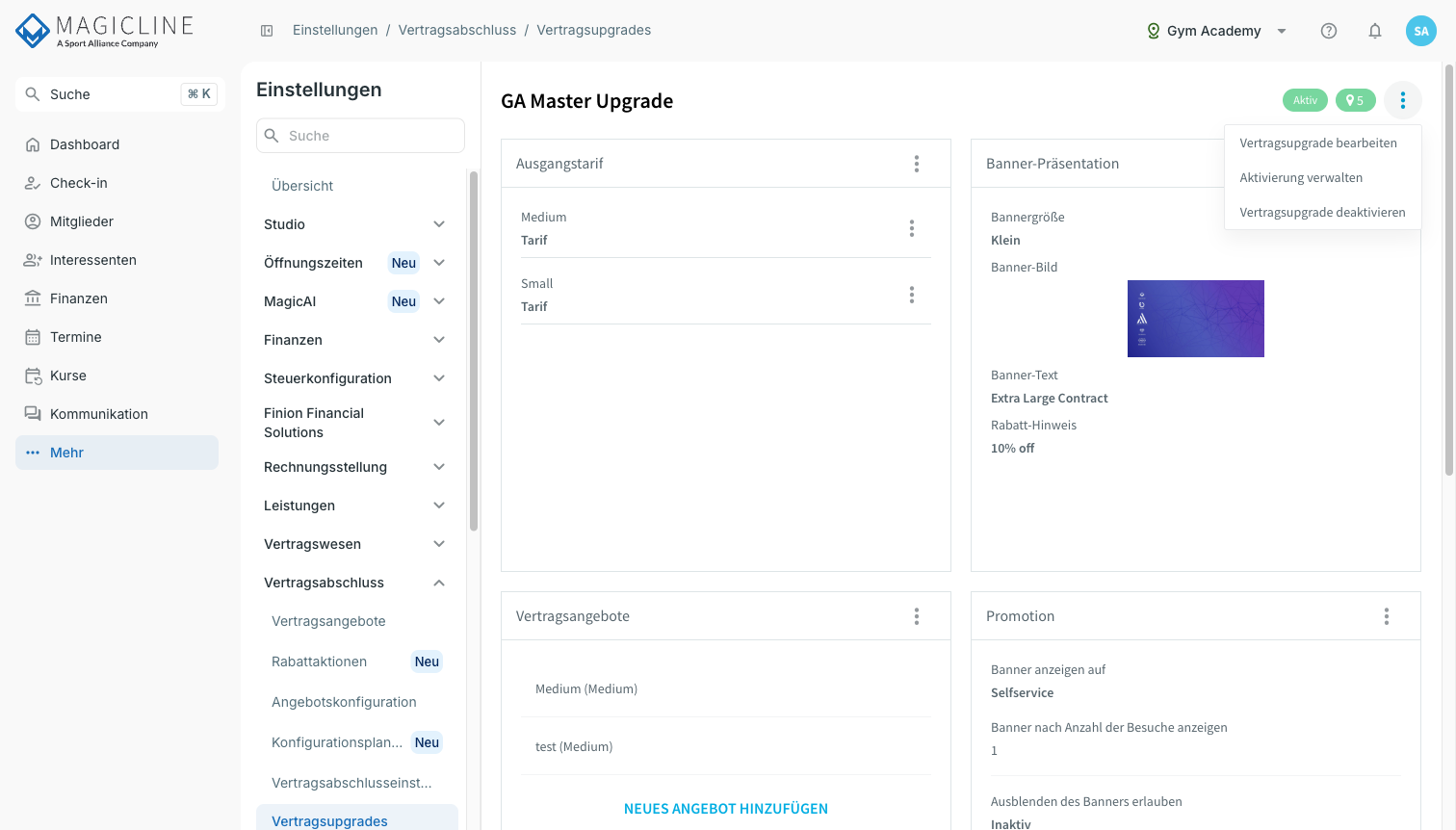 Drei-Punkte-Menü der Detailansicht mit Vertragsupgrade bearbeiten, Aktivierung verwalten und Vertragsupgrade deaktivieren