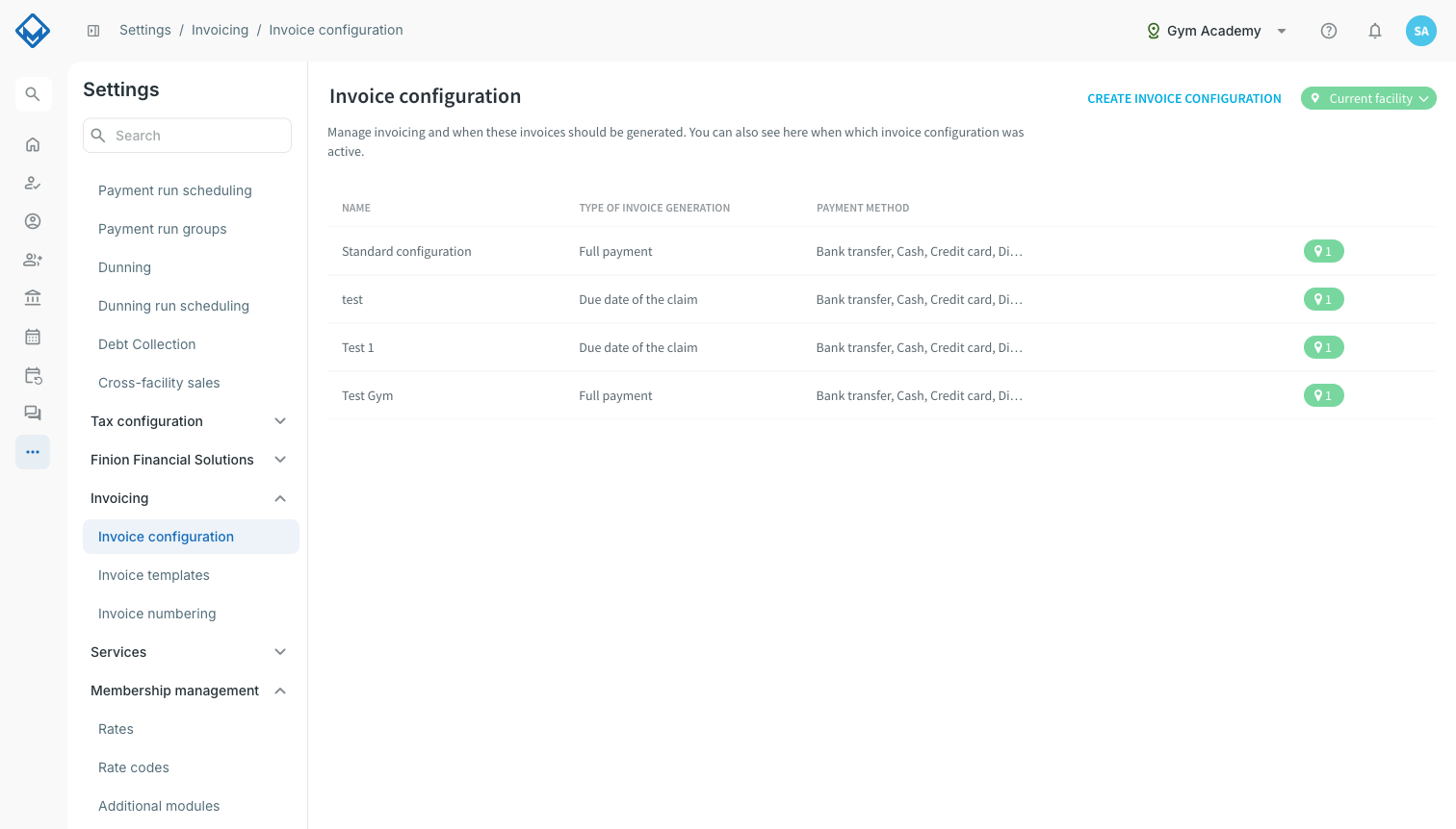Vista general de las configuraciones de facturas con el botón para crear una configuración de facturas