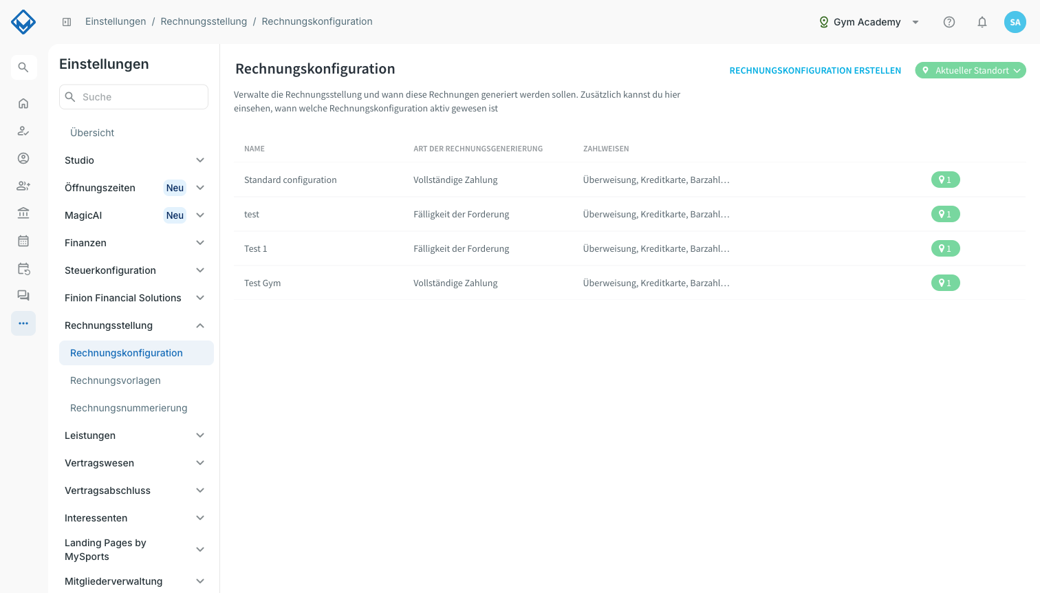 Übersicht der Rechnungskonfigurationen mit dem Button Rechnungskonfiguration erstellen