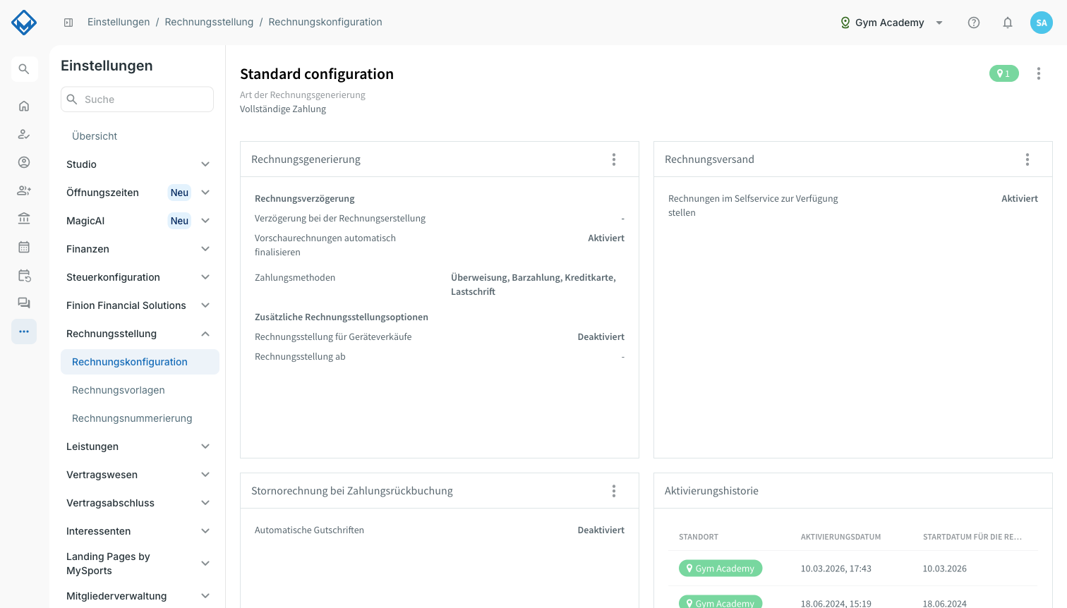 Detailansicht einer Rechnungskonfiguration mit den Kacheln Rechnungsgenerierung, Rechnungsversand und Stornorechnung bei Zahlungsrückbuchung
