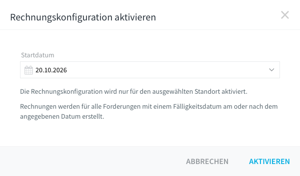 Dialog Rechnungskonfiguration aktivieren mit dem Feld Startdatum