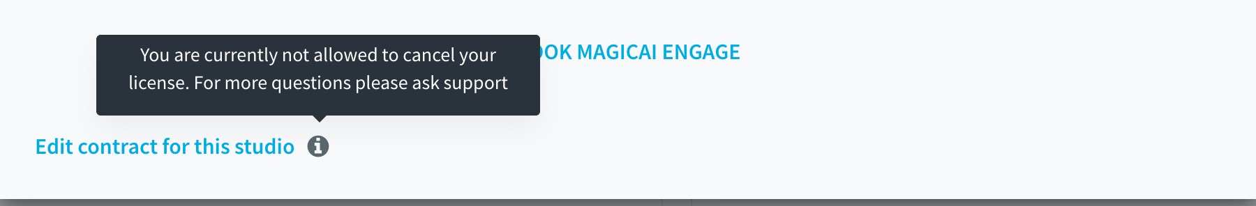 Knop Bewerk contract voor deze studio met een geopende melding dat opzeggen niet mogelijk is
