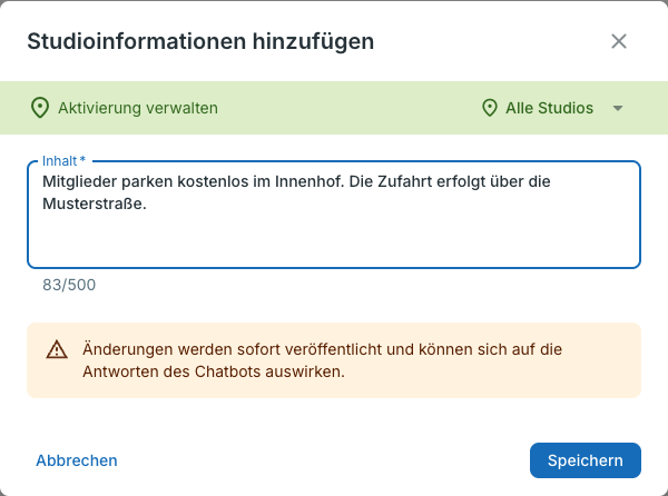 Dialog Studioinformationen hinzufügen mit Beispieltext.