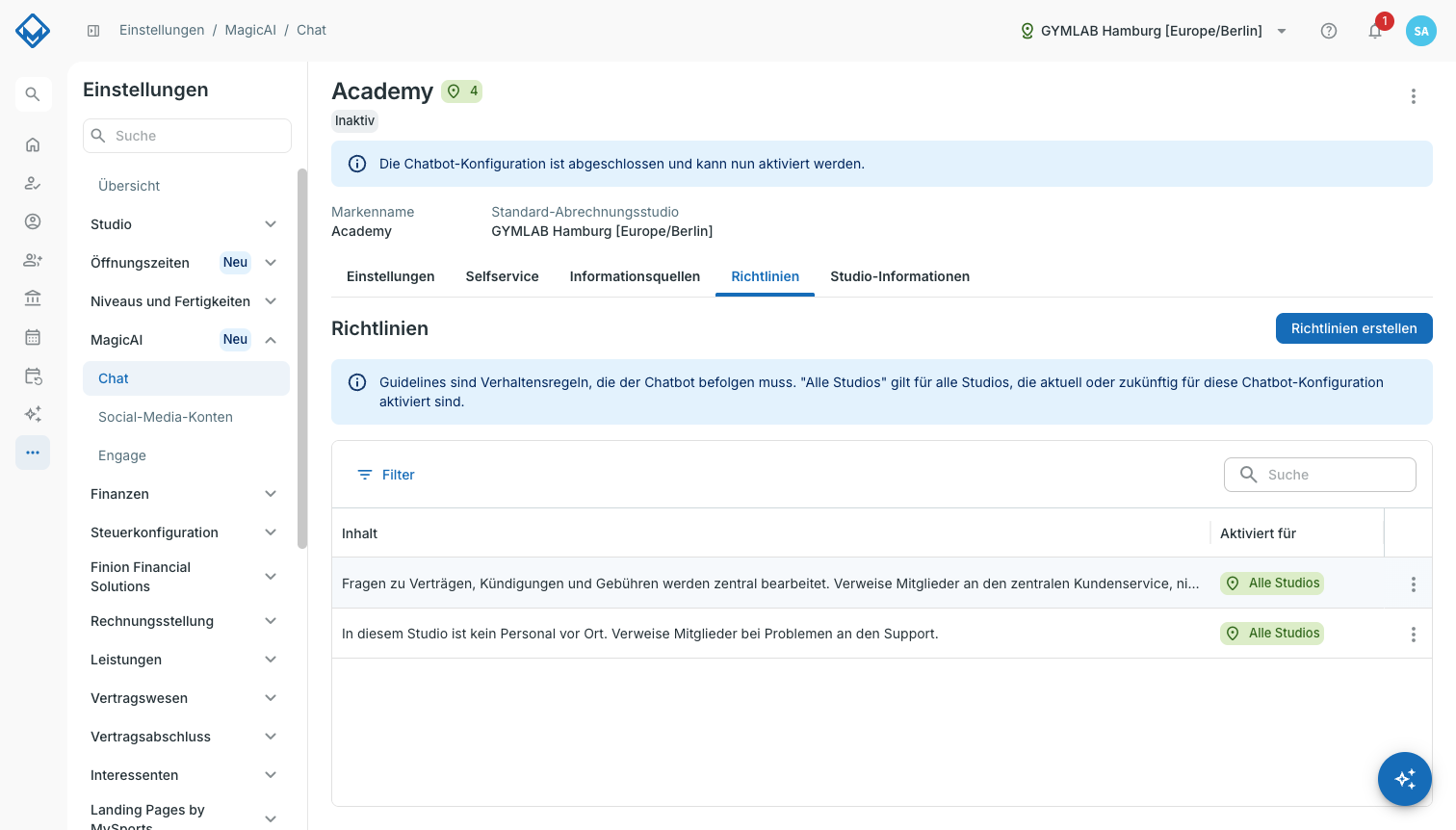 Tab Richtlinien einer Chatkonfiguration mit zwei Richtlinien.