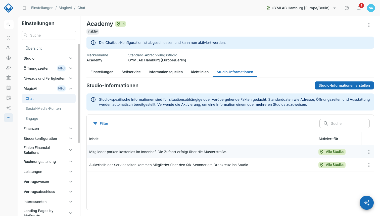 Tab Studio-Informationen einer Chatkonfiguration mit zwei Einträgen.