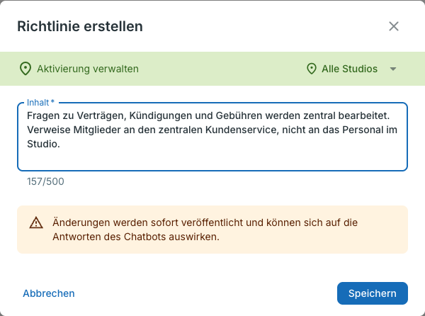 Dialog Richtlinie erstellen mit Beispieltext.