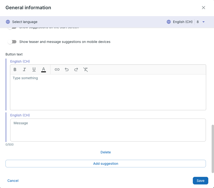 General information dialog with the message suggestion settings and a suggestion.