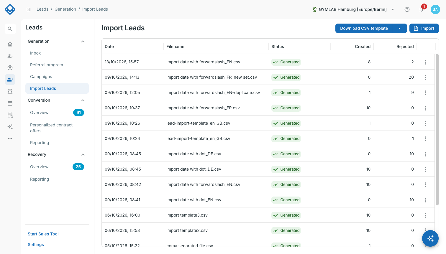 Lead import page with the template buttons, the Import button and the import history.