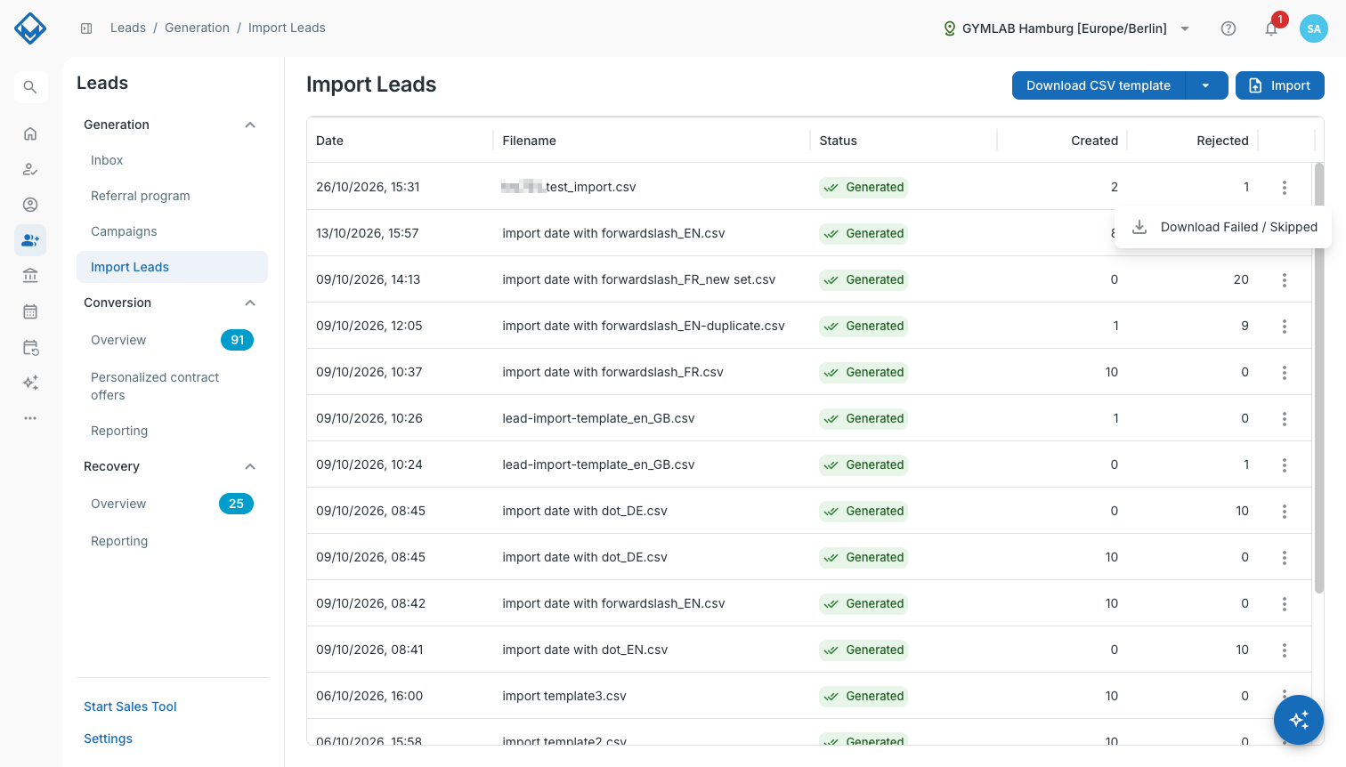 Row menu of an import with the option to download failed and skipped rows.