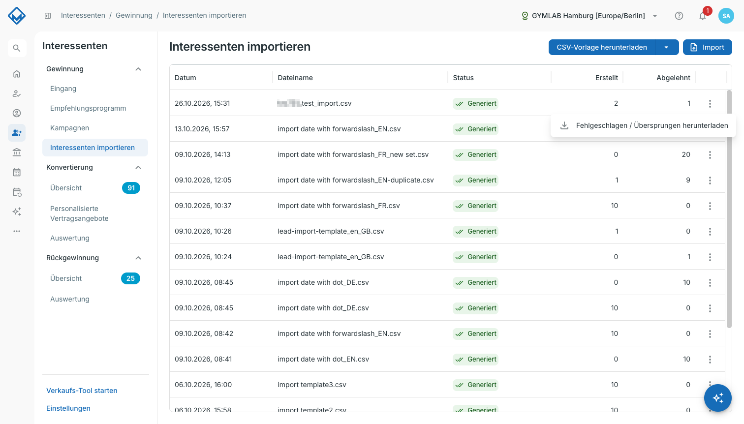 Zeilenmenü eines Imports mit der Option, fehlgeschlagene und übersprungene Zeilen herunterzuladen.