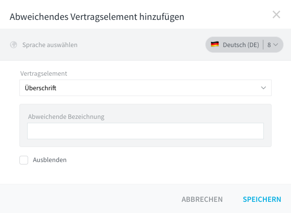 Dialog Abweichendes Vertragselement hinzufügen.