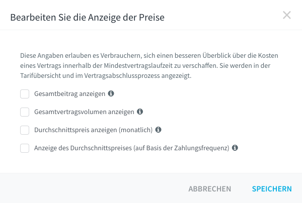 Dialog zur Anzeige der Preise.
