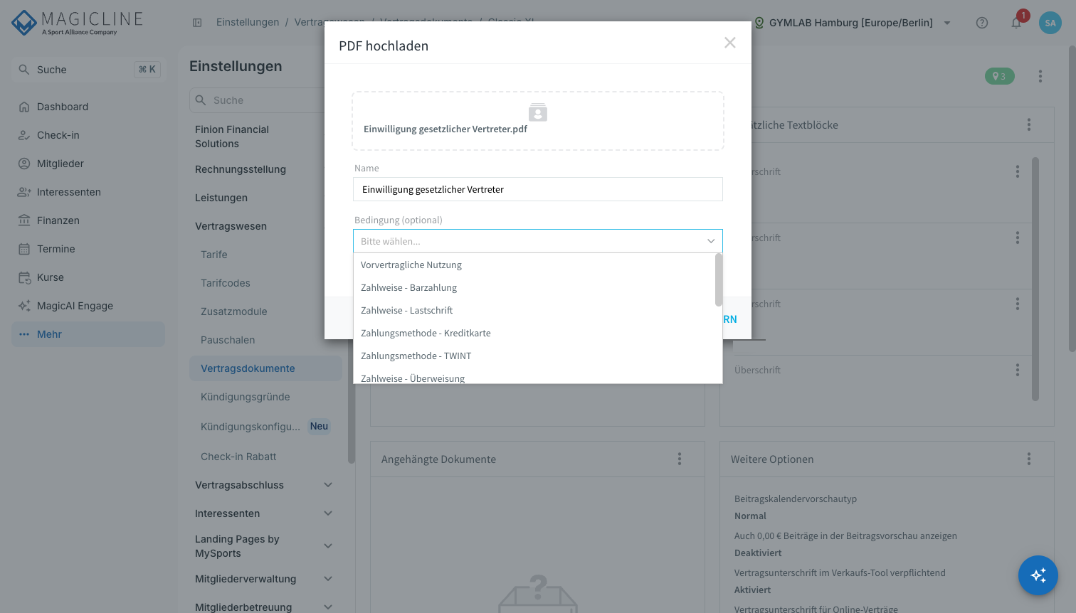 Dialog PDF hochladen mit geöffneter Auswahl Bedingung (optional).