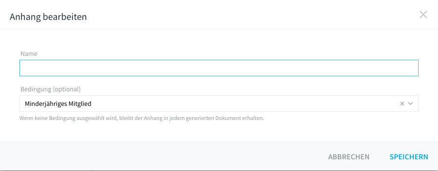 Dialog Anhang bearbeiten mit der Bedingung Minderjähriges Mitglied.