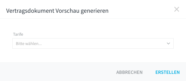 Dialog Vertragsdokument Vorschau generieren mit der Tarifauswahl.