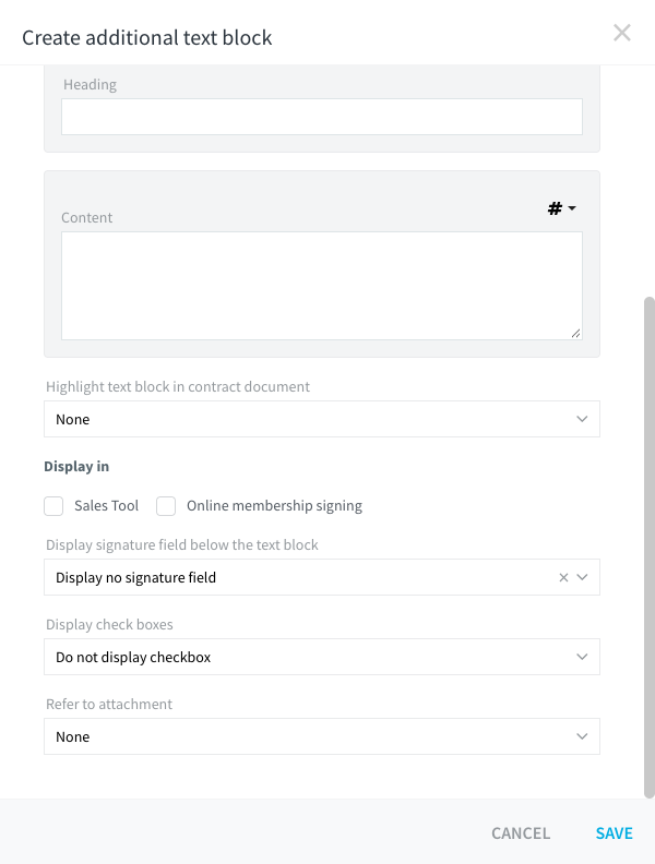 Diálogo para crear un bloque de texto adicional con el campo para remitir a un anexo.