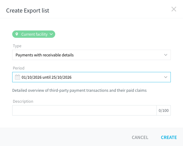 Create Export list dialog with the type Payments with receivable details and a period.
