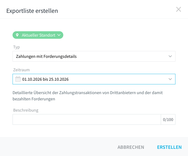Dialog Exportliste erstellen mit dem Typ Zahlungen mit Forderungsdetails und einem Zeitraum.