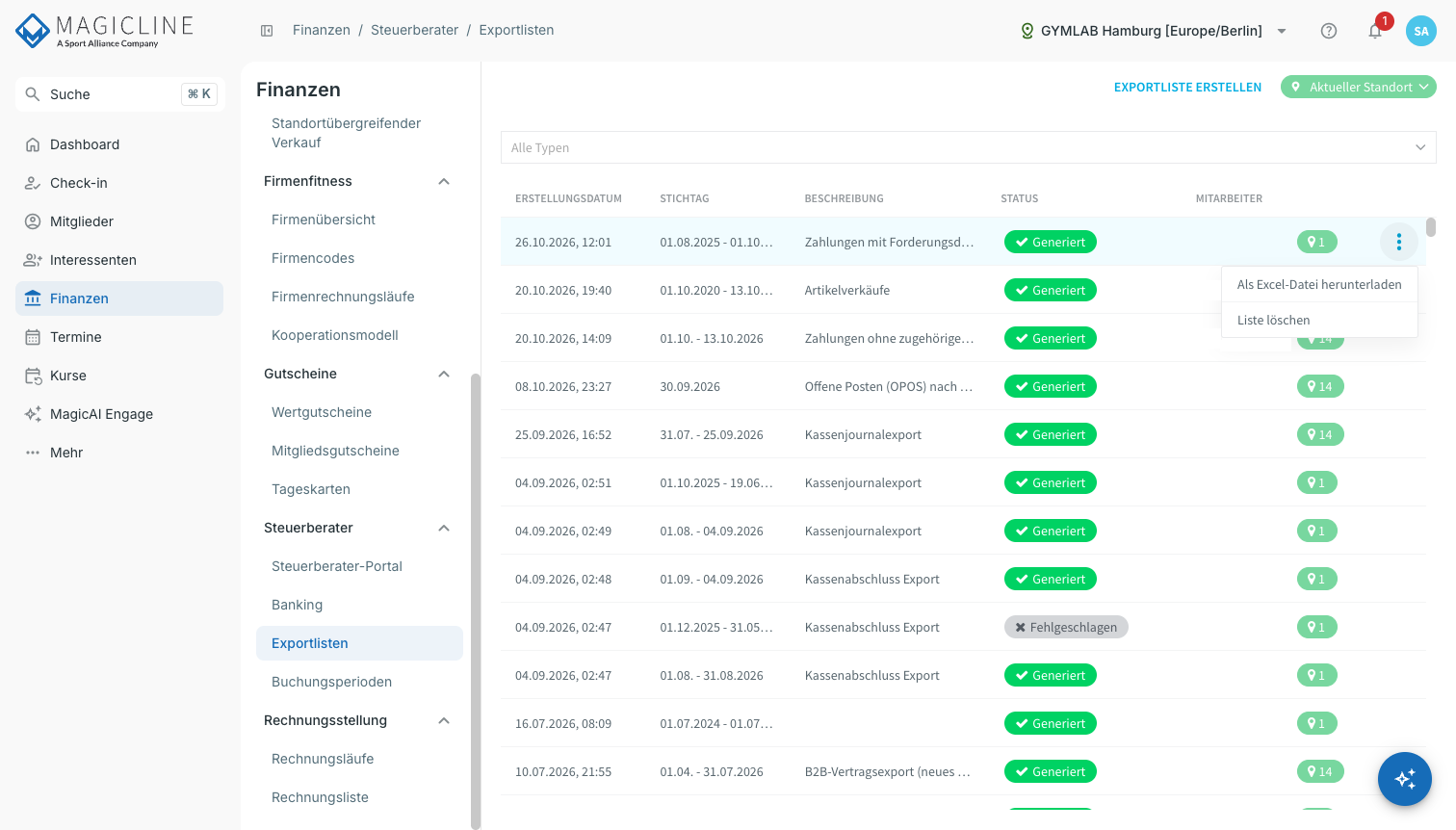 Seite Exportlisten mit geöffnetem Zeilenmenü eines fertigen Exports.