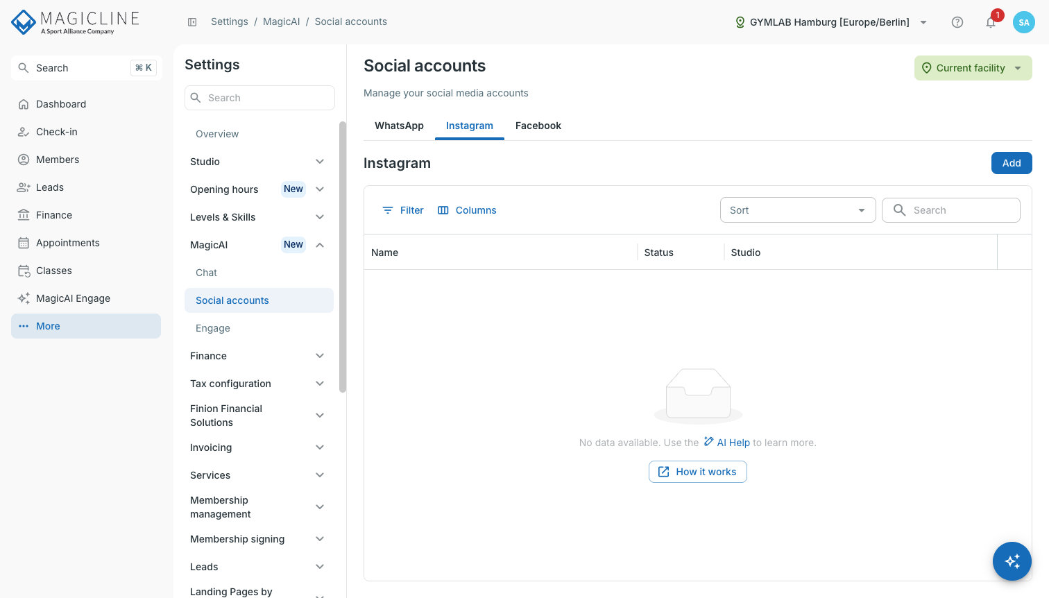 The Instagram tab on the Social accounts page under Settings / MagicAI, before the first connection has been added.