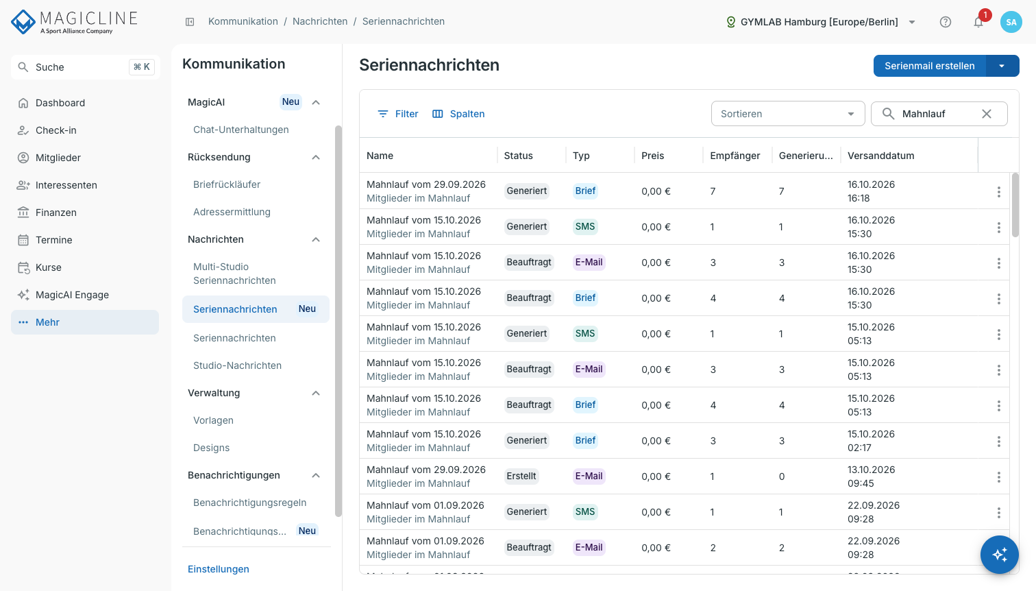 Übersicht der Seriennachrichten mit der Schaltfläche Serienmail erstellen und der Liste der Seriennachrichten.