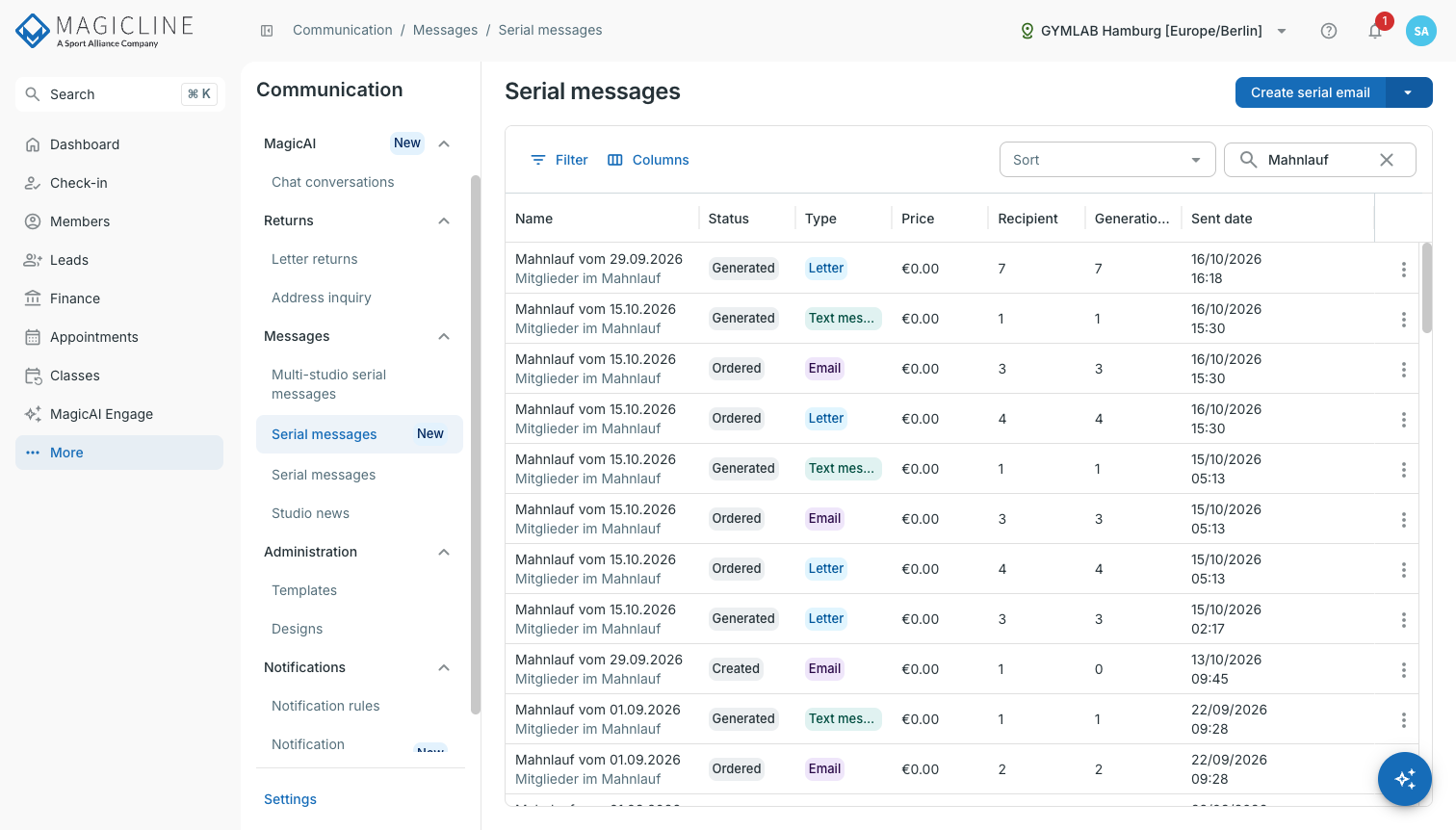 Serial messages overview with the Create serial email button and the list of serial messages.