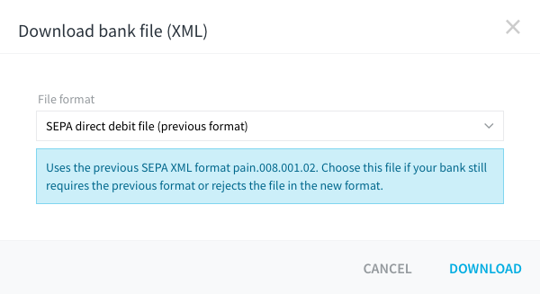 Finestra Scarica il file della banca (XML) con il formato precedente selezionato e la relativa indicazione.