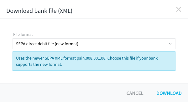 Download bank file (XML) dialog with the new format selected and its hint.