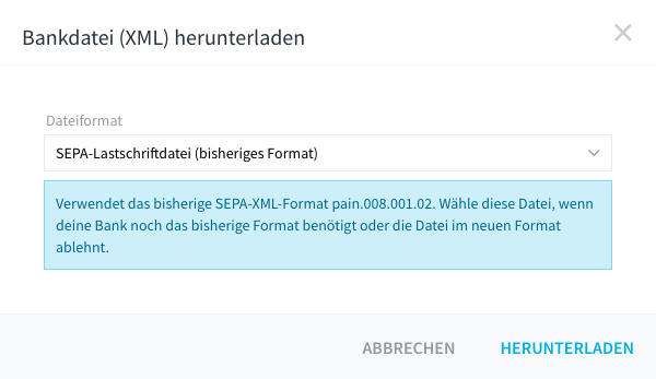Dialog Bankdatei (XML) herunterladen mit ausgewähltem bisherigen Format und Hinweis.