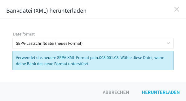 Dialog Bankdatei (XML) herunterladen mit ausgewähltem neuen Format und Hinweis.
