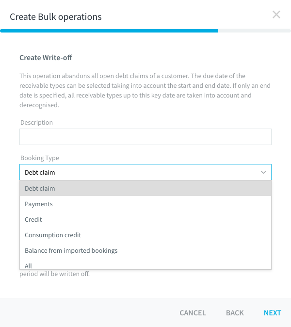 Menu a tendina Tipo di prenotazione con le opzioni Credito, Pagamenti, Nota di credito, Credito al consumo, Saldo dei pagamenti importati, Ogni